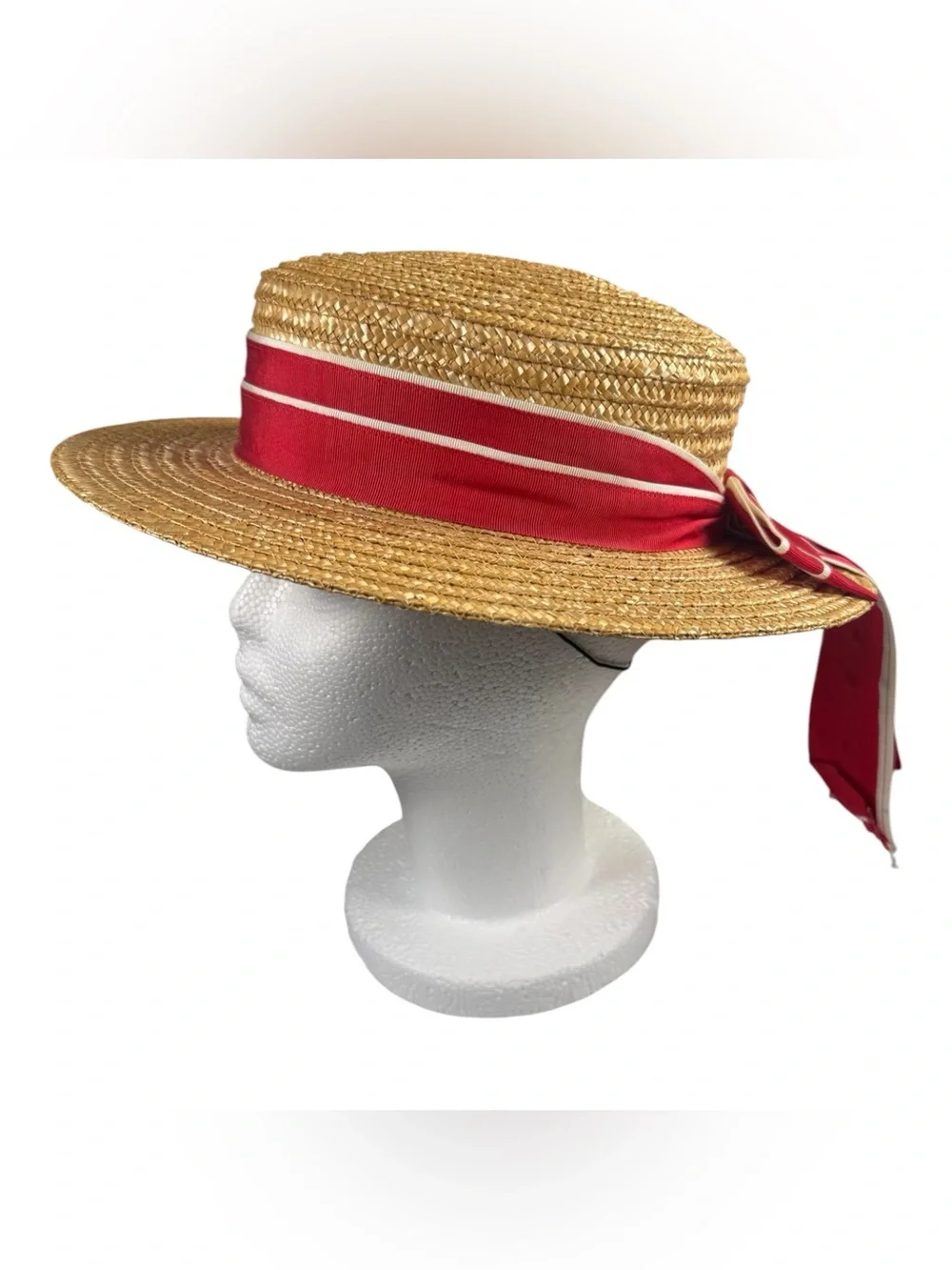 Vtg. 80s Laura Ashley Straw Boater Hat Red Ribbon Bow Cottagecore Great Britain